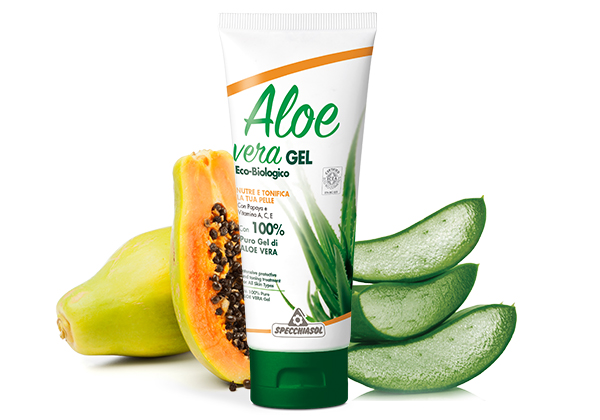 Specchiasol® Aloe vera gél papaya - vitaminok és narancs illóolaj erejével. ECOBIO minősítésű 100%-os, külsőleg