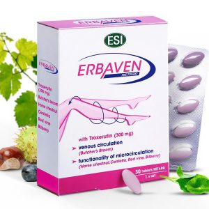 ESI® ERBAVEN® tabletta - lassú felszívódású kivonat visszérre és aranyérre. T-vitamin, gyógynövények.